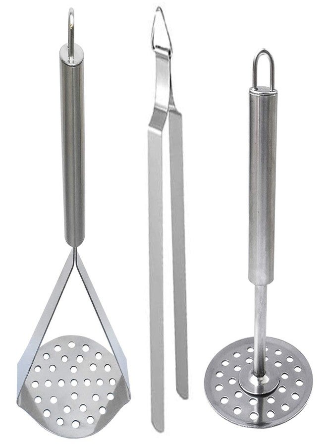 Oc9 Stainless Steel 2 Potato Masher/Pav bhaji Masher/Vegetable Masher and Tong Roti Chimta Kitchen Tool Set - Image 1